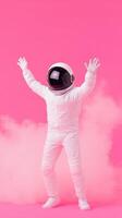 Astronaut Costume Party Fun in Pink Smoke Background Wearing Space Suit Celebrating Festive Occasion in Vibrant Atmosphere Inside College House with Joyful Expressions and Raised Hands photo