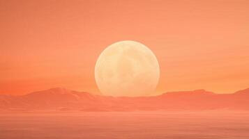 Moonlit Martian Landscape with Rover Exploring Surface Under Large Celestial Glow in Sunset Atmosphere and Barren Terrain of Distant Planetary Horizon in Vast Open Space photo