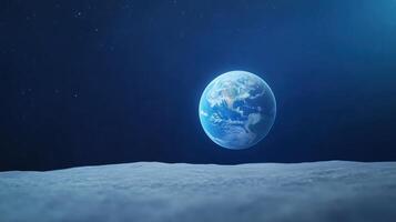 View of Earth from the Moon Surface in Space with Distant Stars in Background, Realistic Depiction of Blue Planet, Captivating Cosmic Scene for Astronomy Enthusiasts and Sci-Fi Illustrations photo
