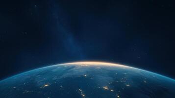 Celestial Connections Enveloped by Interconnected Universe Showcasing Earth Horizon with Starry Night Sky, Space Exploration Concept, Highlighting Global Connectivity and Technological Advancements photo