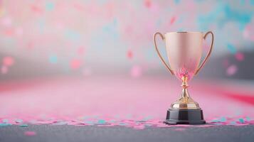 Gleaming Gold Winners Trophy Cup with Pink and Blue Confetti on Blurred Background Celebrating Achievement and Victory, Perfect for Award Ceremony Depictions and Success Themes in Stock Photography photo