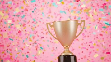 Gleaming Gold Trophy Cup Celebrating Victory with Colorful Confetti on Pink Background for Celebration Concepts and Success Themes in Modern Stock Photography photo