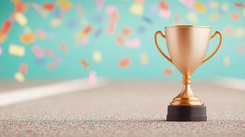 Gleaming Gold Winners Trophy Cup on Track with Vibrant Confetti Background for Celebration and Success Themes in Motivational Designs, Event Promotions, and Athletic Victories photo