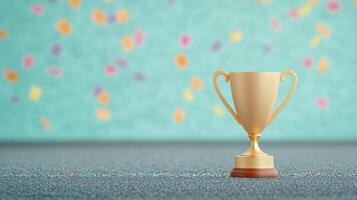 Gleaming Gold Trophy Cup with Colorful Confetti on Turquoise Background for Celebration and Achievement Concepts photo