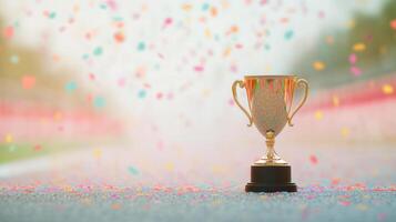 Gleaming Gold Trophy on Vibrant Confetti Background Celebrating Victory and Success in Sports Competition photo