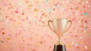 Gleaming Gold Winners Trophy Cup with Vibrant Confetti Background for Celebration and Victory Themes photo