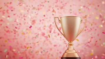 Gleaming Gold Trophy Cup with Colorful Confetti Celebration Against Pink Background for Award Ceremony or Victory Concept photo