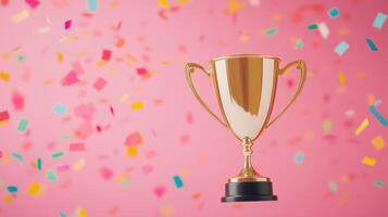 Gleaming Gold Winners Trophy Cup Against a Vibrant Pink Background with Colorful Confetti Celebrating Victory and Success in a Festive Atmosphere Ideal for Awards Ceremonies and Competitions photo