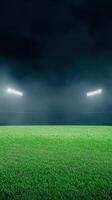 Illuminated Baseball Field Stadium at Night with Bright Floodlights for Evening Game Tournament Under Dark Cloudy Sky photo