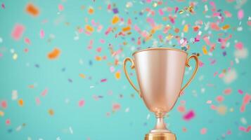 Gold Winners Trophy Cup with Colorful Confetti on Blue Background for Celebration, Success, and Achievement Themes in Vibrant Photography with Festive Elements, Ideal for Awards and Competitions photo