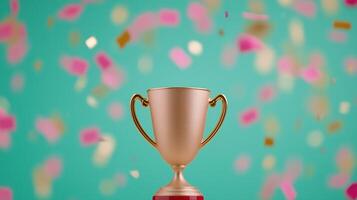 Gleaming Gold Winners Trophy Cup With Colorful Confetti Celebration on Turquoise Background photo