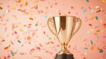 Shiny Gold Trophy Cup on Colorful Confetti Background Celebrating Success Achievement Award Recognition in Vibrant Style for Sports Event and Team Competition with Pink Backdrop photo
