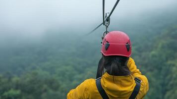 Exciting Zip Lining Adventure Over Misty Costa Rican Jungle with Red Helmet and Yellow Jacket, Perspective from Behind, Thrilling Outdoor Activity Amidst Lush Green Foliage and Dense Fog photo