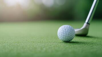 Golf Ball And Putter Close Up On Green With Digital Display Background For Sport Concept And Modern Lifestyle photo