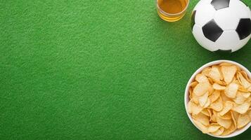 Fresh Cold Beer, Bowl of Chips, Snack, and Soccer Ball on Green Background for Game Day Celebrations or Sports Party Theme photo