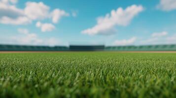 Grand Baseball Stadium Field View with Green Diamond in Daylight Highlighting Modern Sports Architecture and Vast Blue Sky photo
