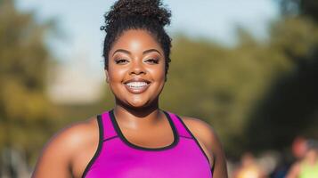 Plus Size Woman Running in Marathon Event Outdoors, Radiating Confidence and Energy, Wearing a Bright Purple Sports Top, Celebrating Health and Fitness in Natural Sunlight, Motivational Scene photo