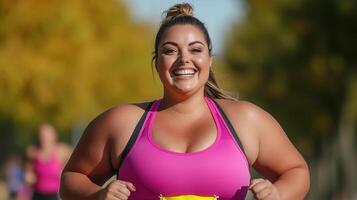 Smiling Plus Size Woman in Pink Athletic Wear Running in Marathon During Fall with Vibrant Foliage Background, Emphasizing Body Positivity and Healthy Lifestyle in Outdoor Exercise Setting photo