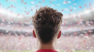 Victory Celebration in Stadium Arena with Red and White Confetti Creating a Festive Atmosphere Capturing the Excitement and Triumph of the Event with a Focus on the Enthusiastic Crowd photo