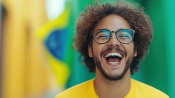 Happy Young Woman Celebrating Victory with Joyful Expression in Colorful Setting with Glasses and Curly Hair for Sports Enthusiasts and Football Fans photo