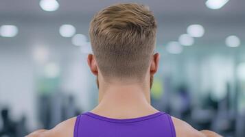 Fit Transgender Man Working Out in Gym, Muscular Back and Blonde Hair, Fitness Motivation Image, Emphasizing Strength and Confidence in a Modern Workout Environment with Bright Lighting photo