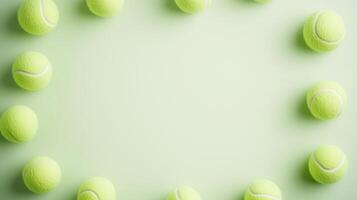 New Green Tennis Balls Arranged in a Circle on Light Green Background for Sport Health Concept and Design with Copy Space photo