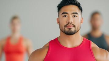 Plus Size Asian Male Model in Activewear Leading a Workout Class with Diverse Background, Emphasizing Modern Fitness and Body Positivity photo
