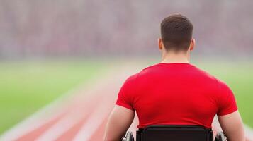 Athlete in Wheelchair Wearing Red Shirt on Running Track, Symbolizing Determination and Inclusion in Sports and Celebrating Physical Abilities in Professional Athletics photo