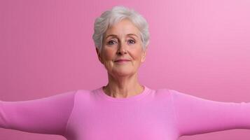 Portrait of an elderly woman in a pink sweater with arms outstretched against a pink background Empowerment and confidence concept celebrating age and self-expression photo