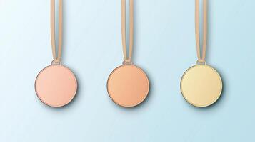 Three Empty Winner Gold, Silver, Bronze Medals Set Isolated on Light Blue Background Representing Victory and Achievement in Sports and Competitions photo