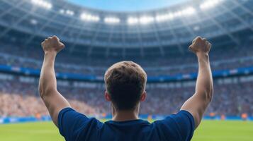 Enthusiastic Sports Fan Cheering in Stadium During Final Match with Vibrant Crowd and Exciting Atmosphere in Large Arena at Sporting Event photo