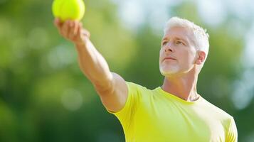 Mature Man Playing Tennis Outdoors with Focused Expression in Prime Fitness and Green Background photo