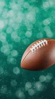 American Football On Green Bokeh Background Vertical Format, Featuring Cinematic Style And Focus On Leather Texture For Sports Enthusiasts And Graphic Designers, Ideal Composition For Seasonal Themes photo