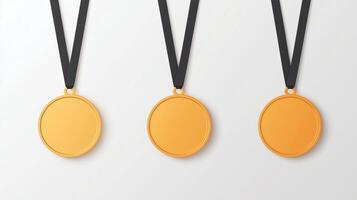 Three Golden Medals with Black Ribbons on Transparent Background Representing Victory and Achievement in Sports and Competitions photo