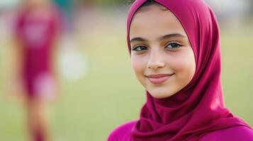Teenager Wearing Hijab in Sports Setting with Confident Smile and Background Blur for Cultural Diversity and Youth Empowerment Themes in Portrait Photography photo