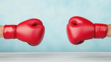 Red Boxing Gloves Clashing Against Blue Background With Copy Space for Sports and Competition Themes photo