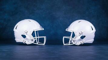Two White Football Helmets Placed Side by Side on a Dark and Textured Blue Background in Studio Lighting for Sports Equipment Display and Advertising photo