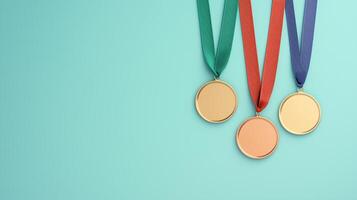 Winner Golden Medals Set on Gradient Background for Sports and Awards with Copy Space for Athletes and Celebrations in Professional Design Use Across Season photo
