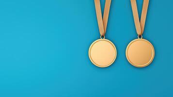 Golden Winner Medals Set on Blue Background Isolated for Achievement and Success Themes in Sports and Competitions photo