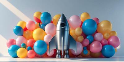 A colorful balloon display with a rocket in the middle photo