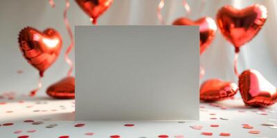 Valentine's Day Blank Card with Red Heart Balloons and Confetti photo