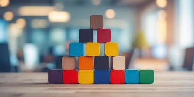 Colorful wooden building blocks representing teamwork and collaboration with a blurred workspace background emphasizing business concepts and growth strategies photo