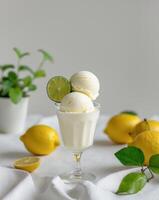 Glass of ice cream with a lime wedge in it is on a table with a few lemons and a potted plant photo