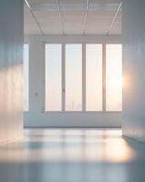 Blurred Background of Empty Modern Office with Large Window and Soft LightingBlurred Background of Empty Modern Office with Large Window and Soft Lighting. photo