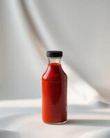 Bottle of red sauce placed on a neutral background with a smooth finish photo