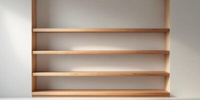 A wooden shelf with six shelves and empty spaces photo