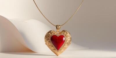 Ornate Gold Heart Shaped Pendant with Red InlayOrnate Gold Heart Shaped Pendant with Red Inlay. photo