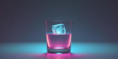 Glass of Liquid with Ice Cube Neon Light Abstract DrinkGlass of Liquid with Ice Cube Neon Light Abstract Drink. photo