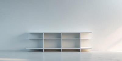 A shelf with three shelves and a white wall behind it photo