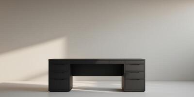 A large black desk with three drawers on each side photo